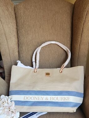 Dooney & Bourke Beige Canvas Tote with Blue Stripes